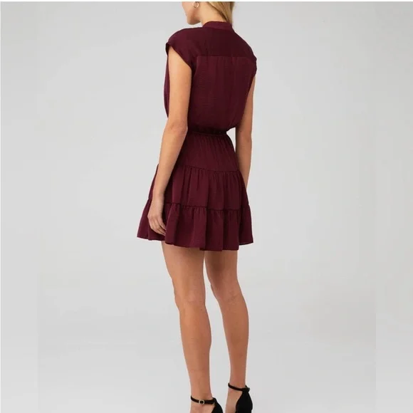 Rebecca Minkoff Ollie Tiered Mini Dress Sz Medium Burgundy Red Cap Sleeve Button - Picture 4 of 6
